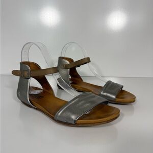 Miz Mooz Metallic Silver and Tan Ankle-Strap Sandals